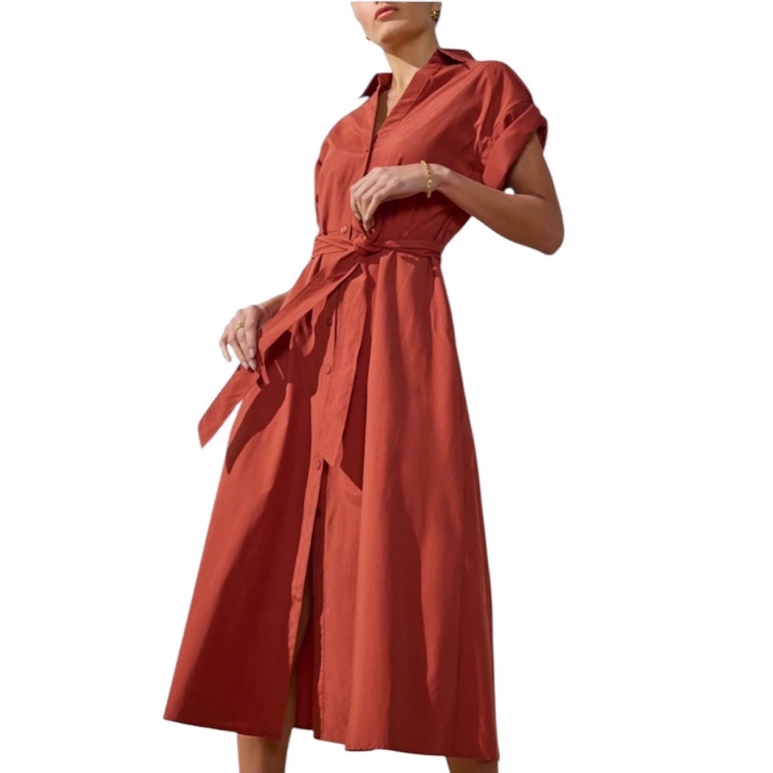 Brochu Walker Fia Rust Orange Button Front Midi Shirt Fit Flare Women Xs Pocket